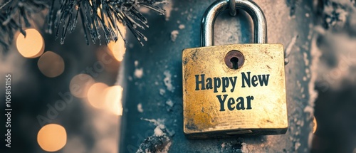 New Year lock hanging on a tree branch at night