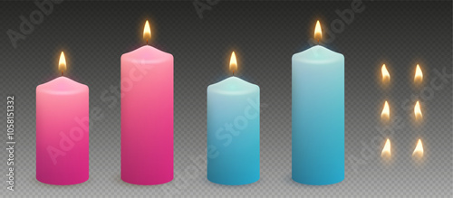 Wax candles with glowing light and flame variations. Realistic pink and blue paraffin candles for baby shower party. Vector illustration.