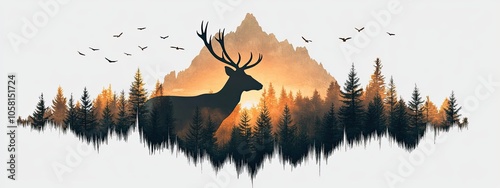 Forest deer silhouette mountain tree pine landscape elk background hunting. Illustration forest winter deer silhouette scene pattern animal graphic hiking woods reindeer scenery wildlife wild sunrise
