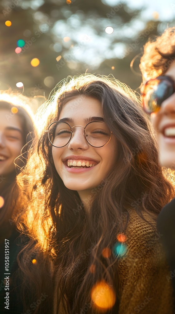 Cheerful young woman with long curly hair, wearing glasses, glowing in sunlight with friends.