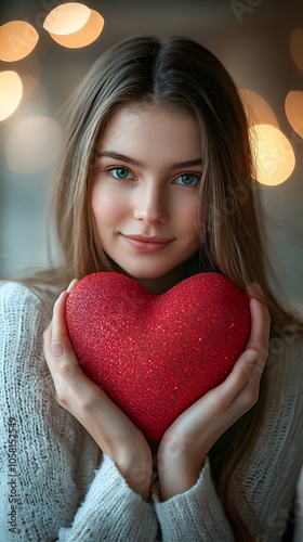 Young Caucasian woman holding a sparkly red heart, radiating warmth and affection.