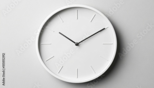 Simple white analog clock with black hands on a white wall.