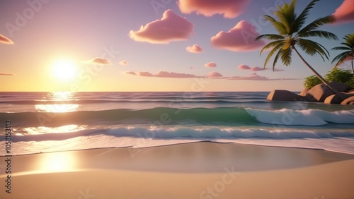 Serene beach sunrise with palm trees and gentle waves at dawn