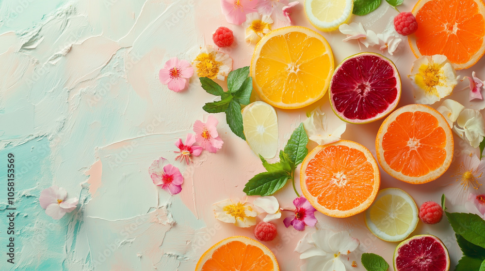 piece of orange are artistically laid out on a light pastel surface, showcasing a refreshing summer treat in various pastel colors piece of orange are artistically laid out on a light pastel surface, showcasing a refreshing summer treat in various pastel colors