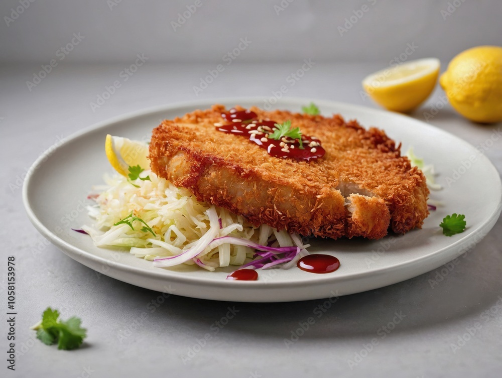 Tonkatsu on White Plate with Shredded Cabbage and Light Background Tonkatsu on White Plate with Shredded Cabbage and Light Background