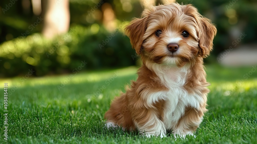 Adorable Brown and White Puppy Sitting on Green Grass Adorable Brown and White Puppy Sitting on Green Grass