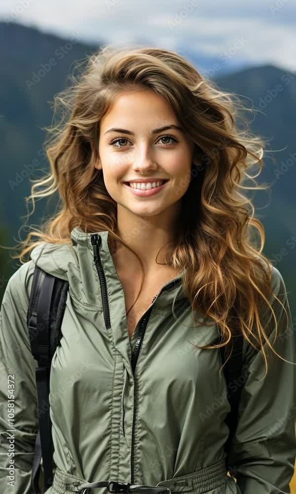 Photograph shows a young, gorgeous woman posing in the mountains while dressed in sportswear. Slender, athletic woman hiking, grinning, stroking hair, taking in the scenery. Idea of journeying and tre Photograph shows a young, gorgeous woman posing in the mountains while dressed in sportswear. Slender, athletic woman hiking, grinning, stroking hair, taking in the scenery. Idea of journeying and tre