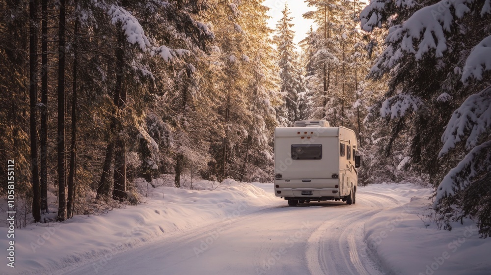 An RV makes its way along a winding road surrounded by tall evergreens blanketed in snow. The peaceful atmosphere captures the essence of winter travel in a serene landscape. An RV makes its way along a winding road surrounded by tall evergreens blanketed in snow. The peaceful atmosphere captures the essence of winter travel in a serene landscape.