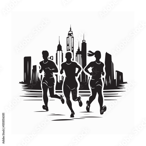 A group of athletic people are running along the street in the city. Men and women doing sports jogging silhouette vector.