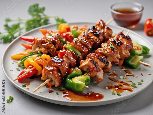 Yakitori Skewers on White Plate with Light Background photo