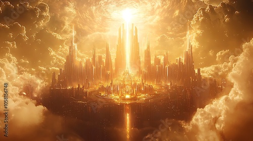 The holy city descending from the heavens, depicted with futuristic architecture and radiant light, set against a new heaven and new earth backdrop; includes copy space.