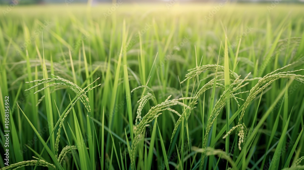Lush Green Rice Field with Ripening Grains in Sunlight Lush Green Rice Field with Ripening Grains in Sunlight