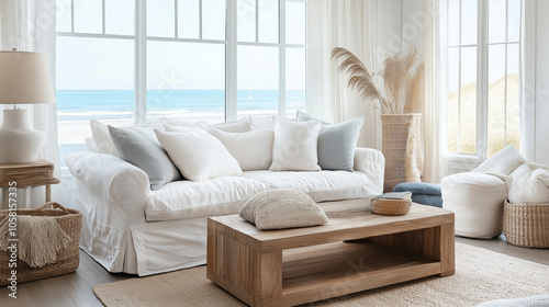 Coastal living room with white sofa and ocean view 