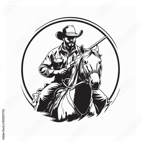 Western Cowboy in hat sitting horseback logo design vector isolated on white background.