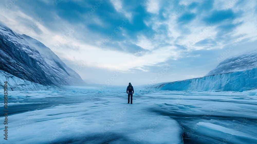 Man exploring Qualerallit glacier, Narsaq, Kitaa, Greenland. Man exploring Qualerallit glacier, Narsaq, Kitaa, Greenland.