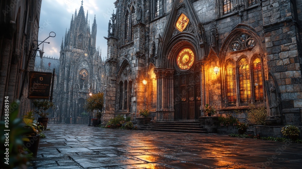 A gothic cathedral with a cobblestone street in the foreground. A gothic cathedral with a cobblestone street in the foreground.