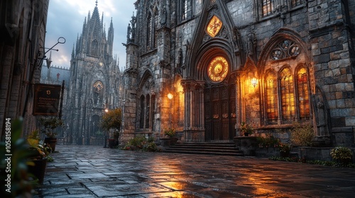 Fototapeta Naklejka Na Ścianę i Meble -  A gothic cathedral with a cobblestone street in the foreground.