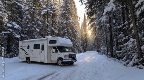 A recreational vehicle is parked on a snowy road surrounded by tall evergreen trees. The sun sets in the background, casting a warm glow over the winter landscape, creating a tranquil atmosphere. photo