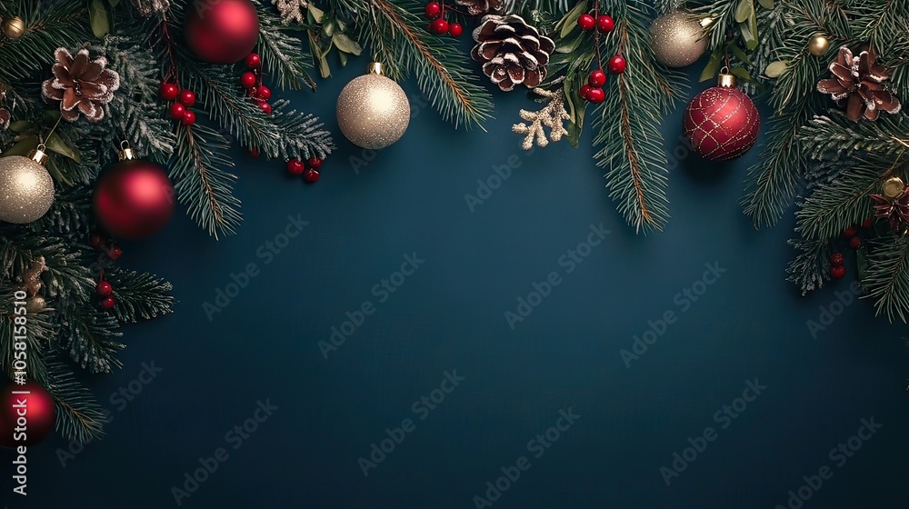 Elegant Christmas Banner with Fir Branches and Ornaments, AI Generate Elegant Christmas Banner with Fir Branches and Ornaments, AI Generate