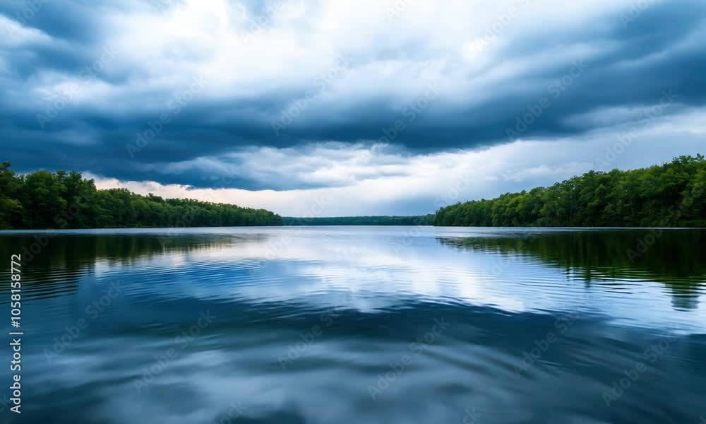 Serene Lake with Reflective Water and Dramatic Cloudy Sky Surrounded by Lush Green Forest Serene Lake with Reflective Water and Dramatic Cloudy Sky Surrounded by Lush Green Forest