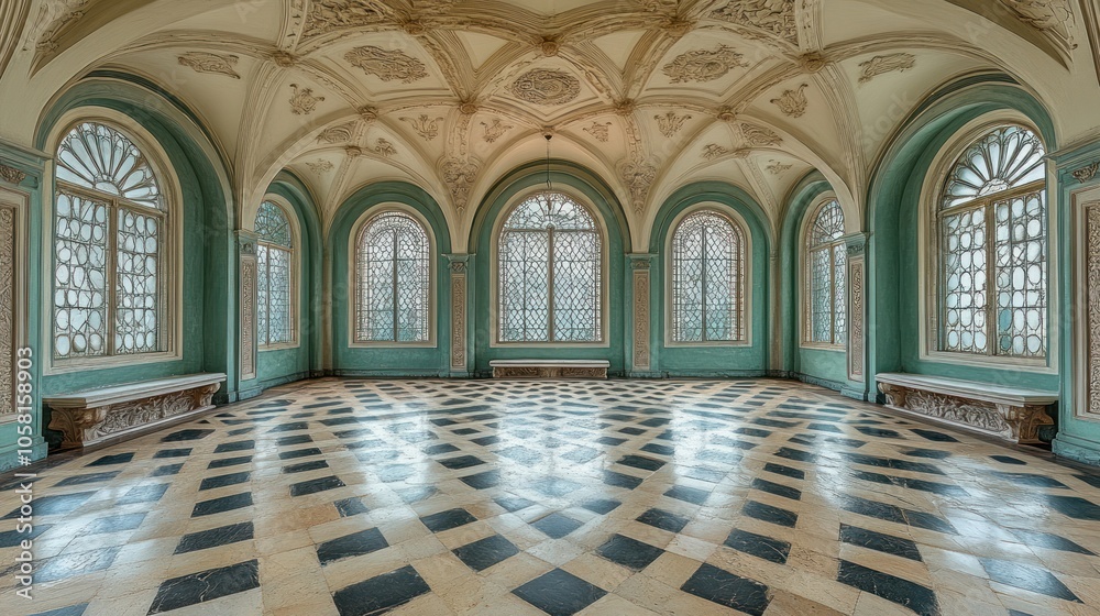 Fototapeta premium A grand, empty room with a checkered floor, vaulted ceilings, and ornate windows.