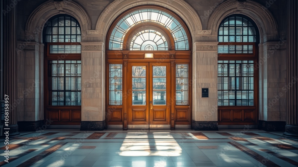 A grand entrance with double wooden doors and a large arched window above, sunlight streaming through the windows.