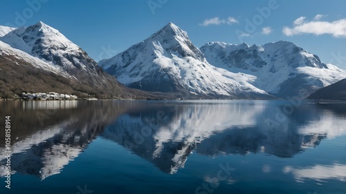 Calm Fjord with Snow-Capped Peaks: A deep fjord with mirror-like water reflecting tall snow-capped mountains under a soft blue sky