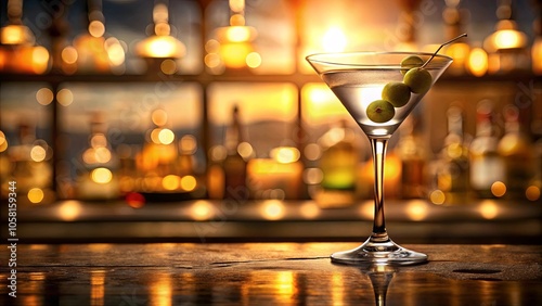 Wallpaper Mural A single martini glass rests on a wood surface, illuminated by warm lighting, with a backdrop of blurred bottles and a golden glow. Torontodigital.ca