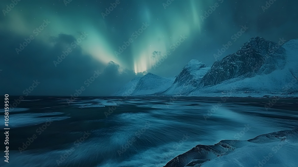 Naklejka premium Aurora Borealis, Lofoten islands, Norway. Nothen light, mountains and frozen ocean. Winter landscape at the night time. 