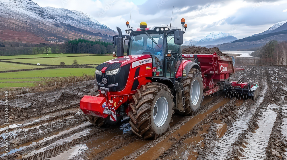 Obraz premium red tractor working in muddy field, showcasing agricultural activity in scenic landscape with mountains in background. tractor is equipped for heavy duty tasks, emphasizing connection between