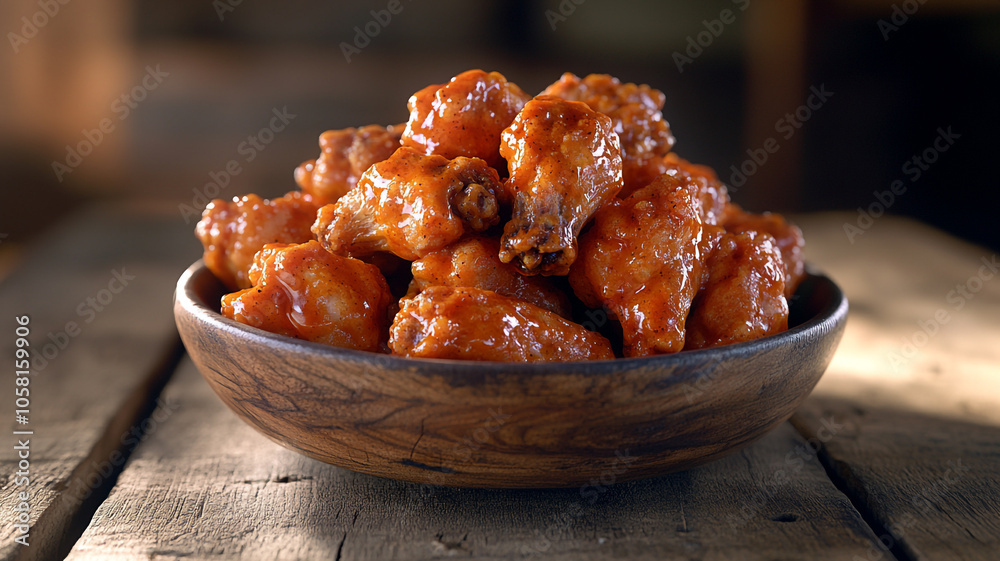 Delicious spicy buffalo chicken wings served in a rustic wooden bowl on a textured surface Delicious spicy buffalo chicken wings served in a rustic wooden bowl on a textured surface