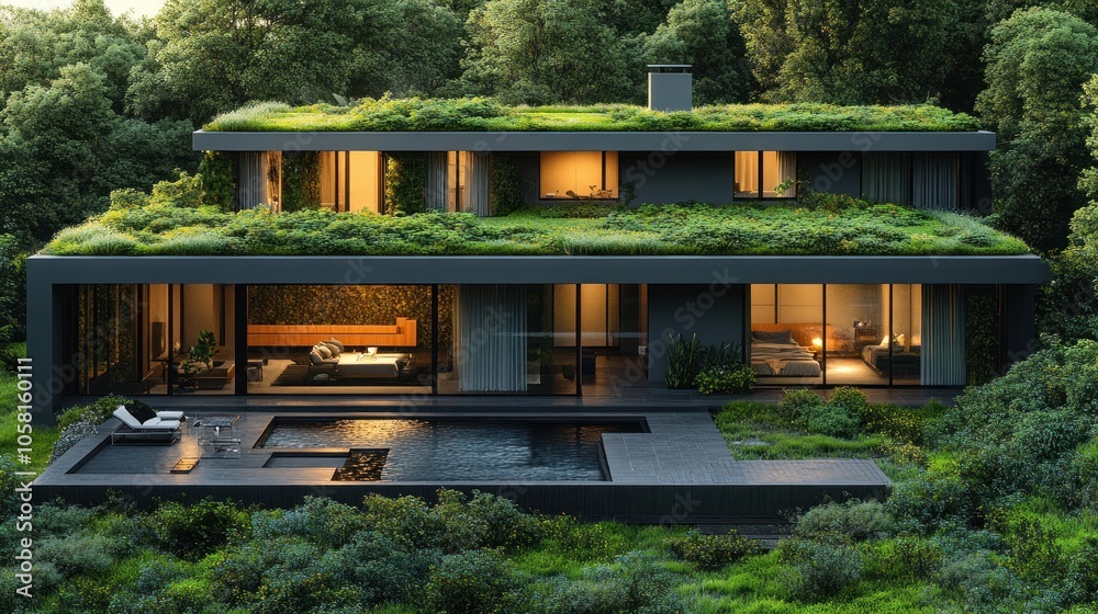 Modern Green Roof House with Swimming Pool