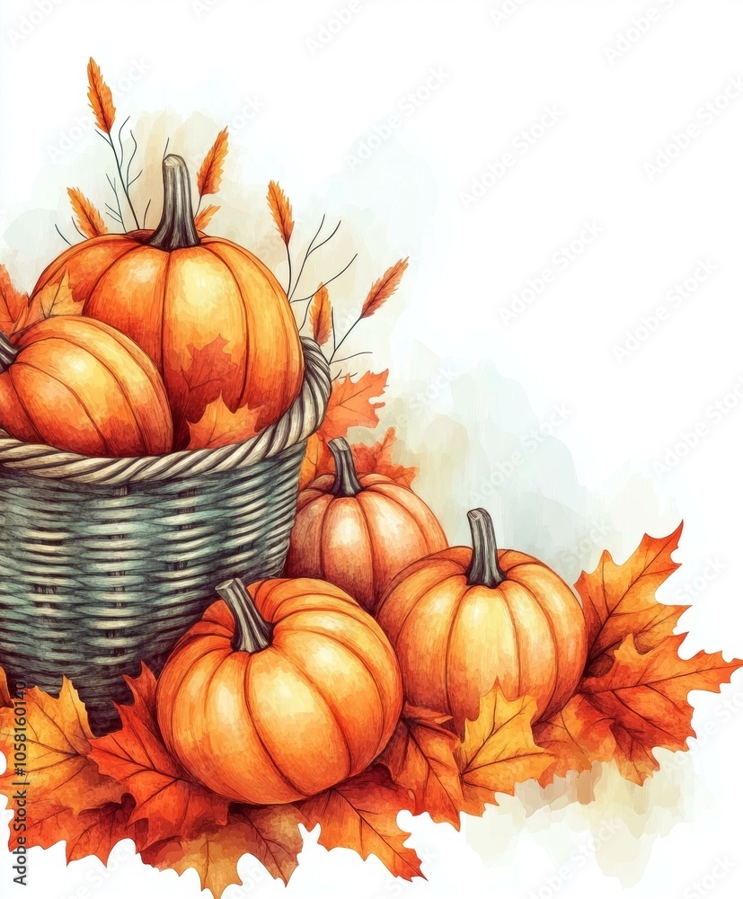 Basket filled with pumpkins, surrounded by colorful autumn leaves, capturing essence of fall harvest. Basket filled with pumpkins, surrounded by colorful autumn leaves, capturing essence of fall harvest.