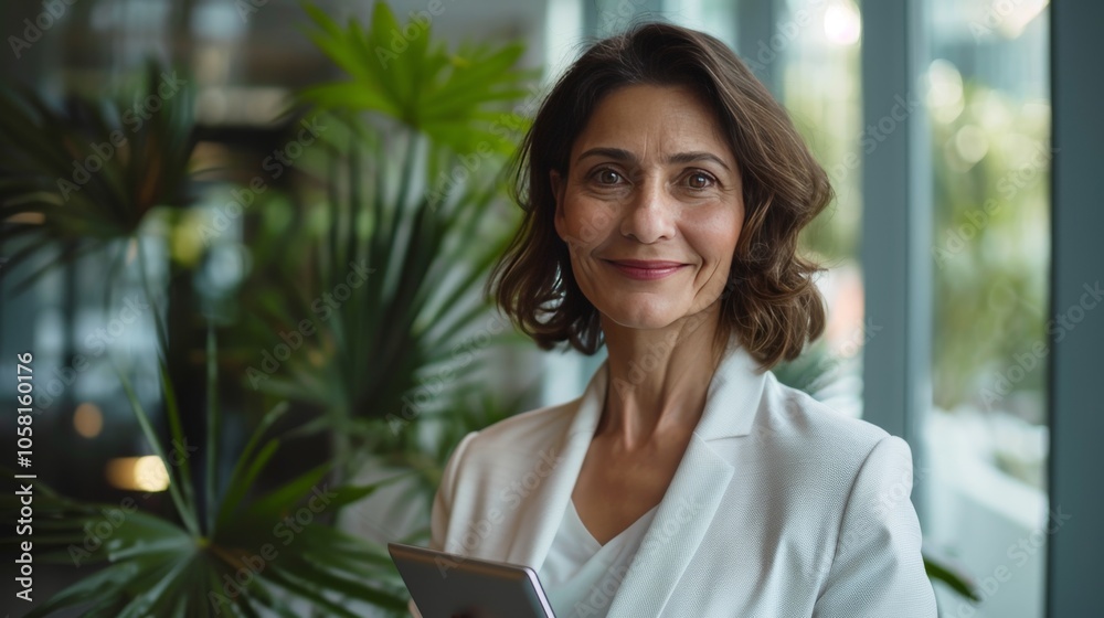 Smiling mature business woman executive, happy middle aged businesswoman entrepreneur, 40 years old company hr holding digital tablet looking at camera standing in office at work. Portrait. Smiling mature business woman executive, happy middle aged businesswoman entrepreneur, 40 years old company hr holding digital tablet looking at camera standing in office at work. Portrait.