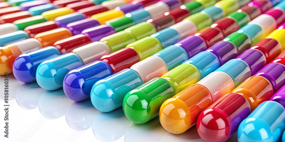 A spectrum of vibrant capsules arranged in rows, showcasing a captivating display of color and form. A spectrum of vibrant capsules arranged in rows, showcasing a captivating display of color and form.