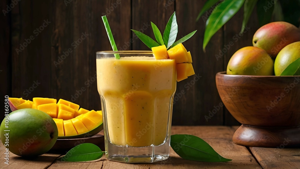 Fototapeta premium Refreshing Mango Smoothie with Fresh Mango Cubes
