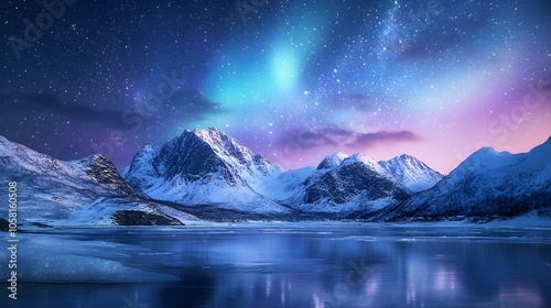 Aurora Borealis, Lofoten islands, Norway. Nothen light, mountains and frozen ocean. Winter landscape at the night time.  photo