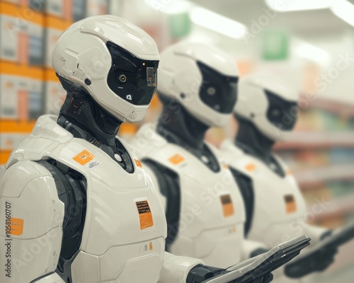 Three humanoid robots in a retail setting, holding tablets.