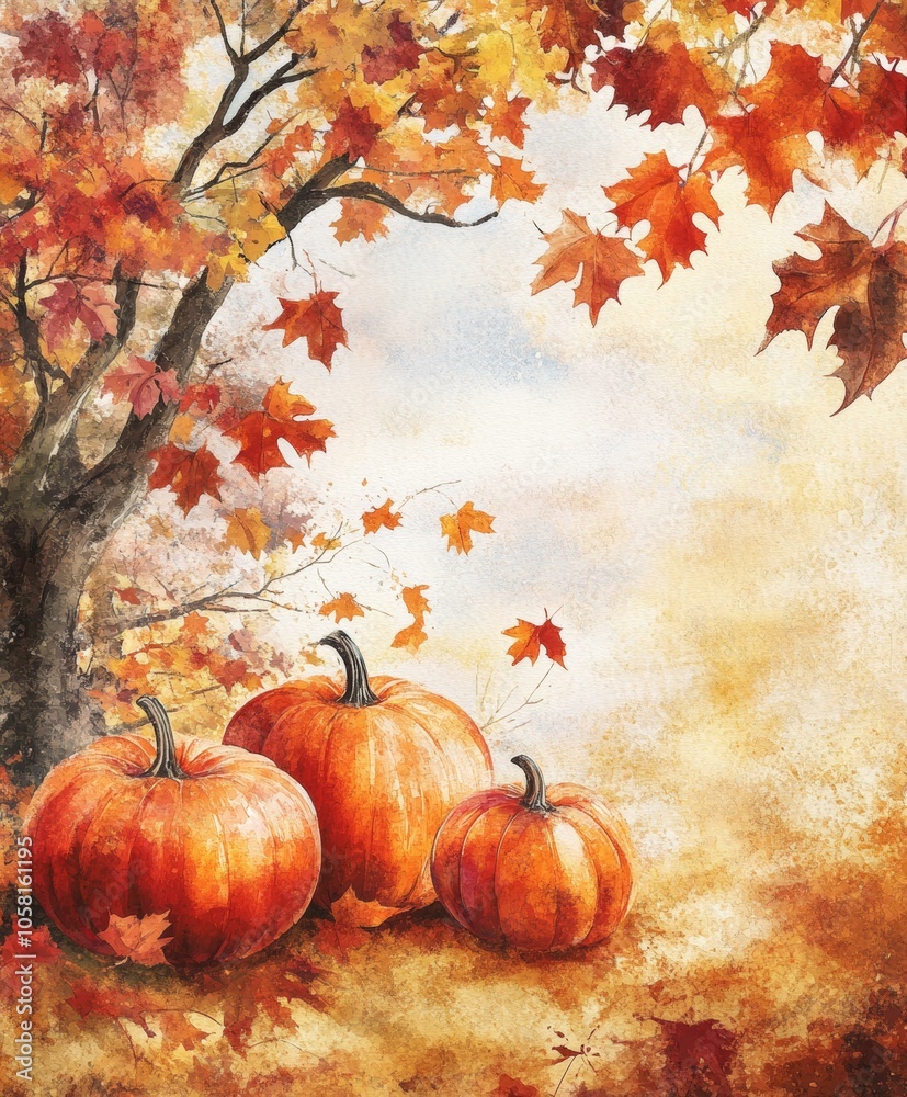 Three pumpkins painted in field with earthy tones, capturing essence of harvest season and rural charm.