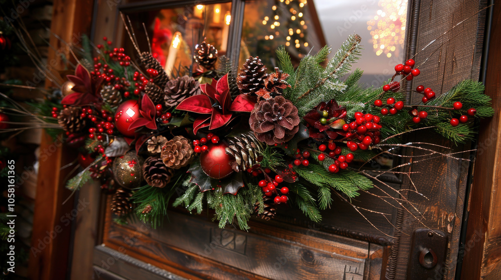 beautiful close up of Christmas wreath adorned with pinecones, red ornaments, and festive greenery, enhancing rustic charm of door. vibrant colors evoke warm holiday spirit beautiful close up of Christmas wreath adorned with pinecones, red ornaments, and festive greenery, enhancing rustic charm of door. vibrant colors evoke warm holiday spirit