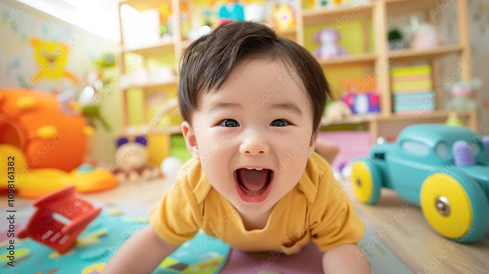 joyful baby with short hair is crawling on colorful play mat in vibrant playroom filled with toys and cheerful decor. childs bright smile radiates happiness and curiosity joyful baby with short hair is crawling on colorful play mat in vibrant playroom filled with toys and cheerful decor. childs bright smile radiates happiness and curiosity