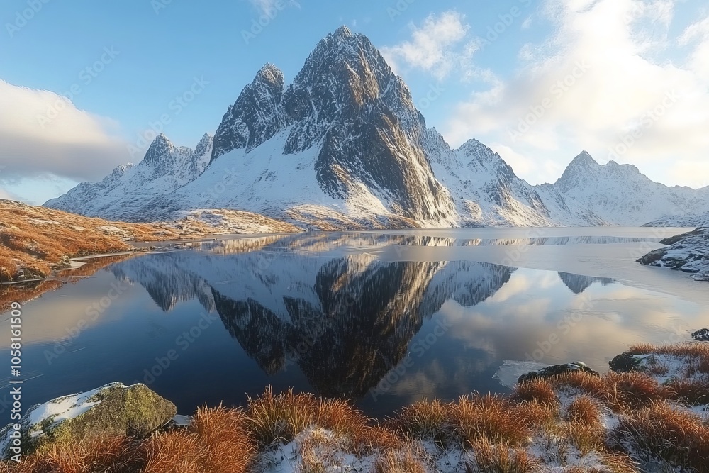 Fototapeta premium Majestic mountain landscape with towering peaks reflected in a still alpine lake capturing the grandeur and tranquility of a remote wilderness scene