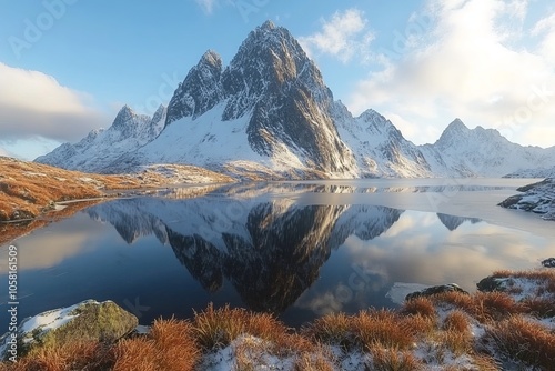 Majestic mountain landscape with towering peaks reflected in a still alpine lake capturing the grandeur and tranquility of a remote wilderness scene