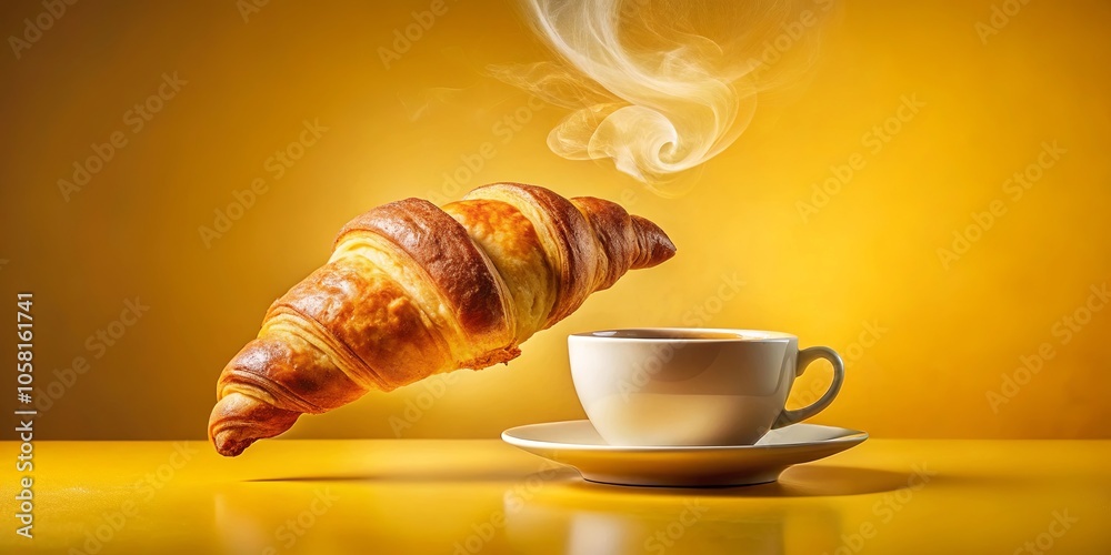 A Warm Croissant Floating Above a Cup of Steaming Coffee on a Sunny Yellow Background A Warm Croissant Floating Above a Cup of Steaming Coffee on a Sunny Yellow Background