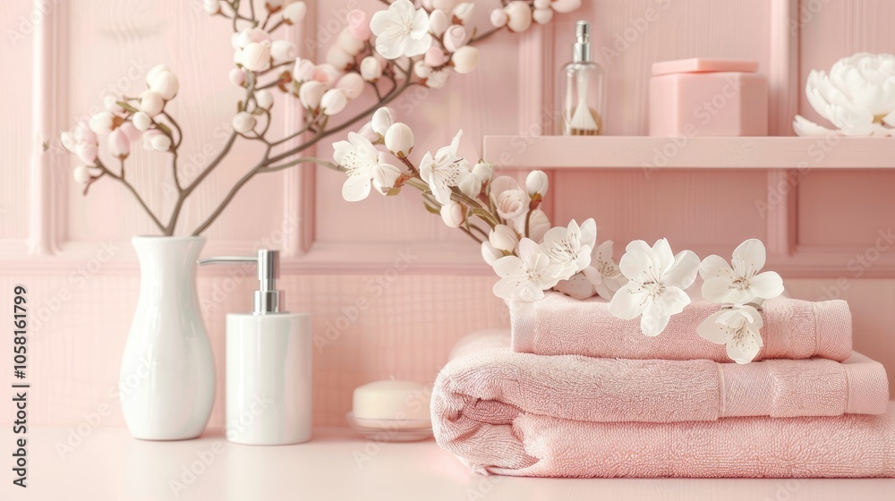 Elegant bathroom decor in soft pink tones with towels, soap dispenser, white flowers, and accessories on a pale pink shelf. Elegant bathroom decor in soft pink tones with towels, soap dispenser, white flowers, and accessories on a pale pink shelf.