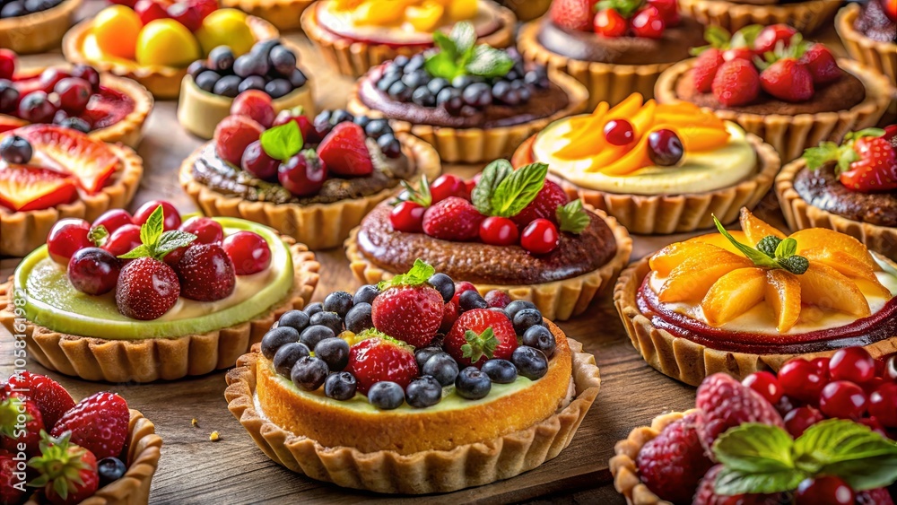 Aromatic Delights A Colorful Medley of Freshly Baked Fruit Tarts Garnished with Lush Mint and Delicate Pastry Shells Aromatic Delights A Colorful Medley of Freshly Baked Fruit Tarts Garnished with Lush Mint and Delicate Pastry Shells