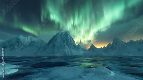 Aurora Borealis, Lofoten islands, Norway. Nothen light, mountains and frozen ocean. Winter landscape at the night time.  photo