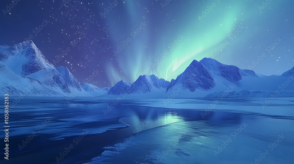 Fototapeta premium Aurora Borealis, Lofoten islands, Norway. Nothen light, mountains and frozen ocean. Winter landscape at the night time. 