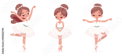 Set of pretty ballerina in white dress dancing on white background. Vector illustration in flat cartoon style