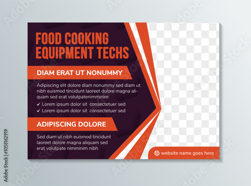 food cooking equipment tech poster design in horizontal layout. purple background with transparent of arrow pattern. abstract banner with space for photo.